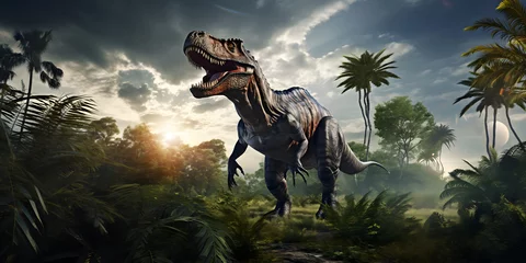 Gordijnen Giganotosaurus carolinii, large predatory dinosaur from the Cretaceous period with background of palm trees © David Costa Art