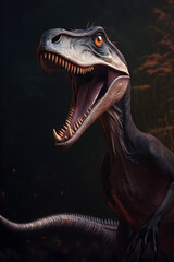 Naklejka premium Velociraptor from the Cretaceous period. Fast dinosaur, big toothed predator with forest in background 