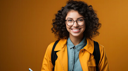 Young curly student woman wearing backpack glasses holding books and tablet generative ai