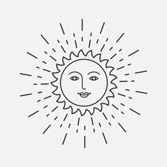 Sun face line art icon. Mystical element for design, boho logo, tattoo. Celestial Bohemian symbol.  Vector illustration