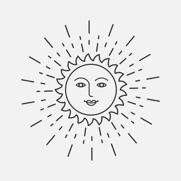 Sun face line art icon. Mystical element for design, boho logo, tattoo. Celestial Bohemian symbol.  Vector illustration