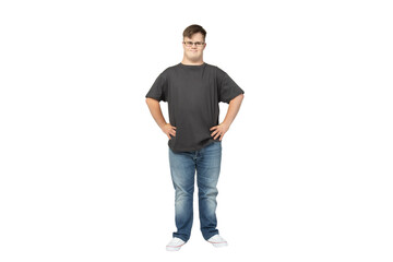 PNG,smiling young man with down syndrome in a black t-shirt poses for the camera,isolated on white...
