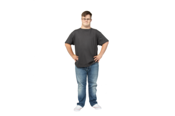 PNG,smiling young man with down syndrome in a black t-shirt poses for the camera,isolated on white background