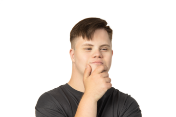 PNG,smiling young man with down syndrome in black t-shirt thinking,isolated on white background
