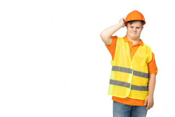 PNG,smiling young man with down syndrome in work uniform with hard hat on his head,isolated on white background