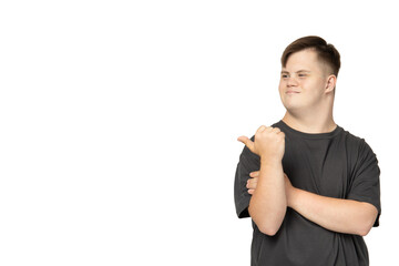 PNG,smiling young man with down syndrome in black t-shirt,isolated on white background