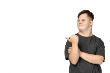 PNG,smiling young man with down syndrome in black t-shirt,isolated on white background