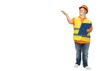 PNG,smiling young man with down syndrome in work uniform with hard hat on his head,isolated on white background