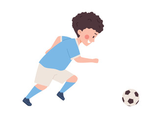 Boy running and kicking ball, child soccer player, flat vector illustration isolated on white background.