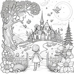 Naklejka premium Fantastical Feats: Coloring Book Page for Kids' Magical World 