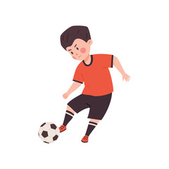 Boy kicking ball during football game, flat vector illustration isolated on white background.