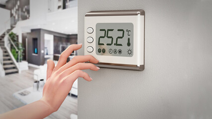 Hand adjusting room temperature using a digital thermostat screen. 3D illustration