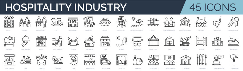 Set of 45 outline icons related to hospitality industry. Linear icon collection. Editable stroke. Vector illustration - obrazy, fototapety, plakaty