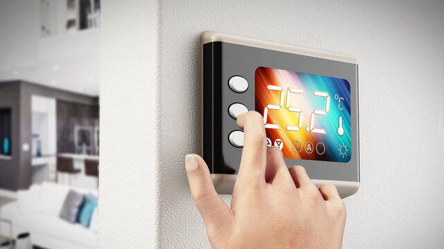 Hand adjusting room temperature using a digital thermostat screen. 3D illustration
