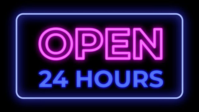 open 24 hours neon animation advertising night neon billboard