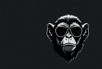Black and white logo of monkey wearing sunglasses isolated with dark background.