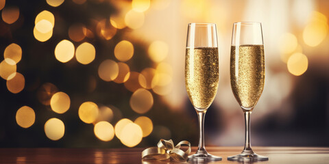 Glasses of Champagne sparkling wine, New year and Christmas holiday concept, banner with golden yellow bokeh, background copy space, white wine two glasses on wooden table