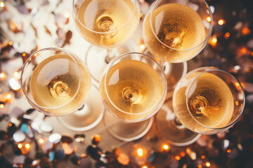 Top view white wine in glasses of wine, stemmed glass on table. Holiday, birthday concept. New year and christmas day party, celebration time, sparkling wine drink, shiny decor