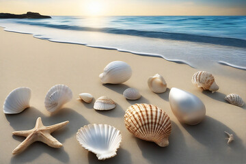 Fototapeta na wymiar Assorted seashell on the beach with sunrise view.