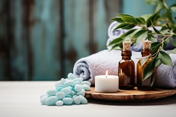 Obraz na płótnie Canvas Spa still life with essential oil, soap and towels on wooden background. Spa Concept. Spa Beauty Treatments. Copy Space.