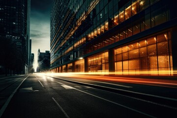 Fototapeta na wymiar featuring an empty road lined with illuminated buildings creating a beautifully blurred background