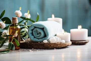 Fototapeta na wymiar Spa still life with towels, candles and sea salt on wooden table. Spa Concept. Spa Beauty Treatments. Copy Space.