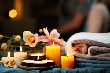 Obraz na płótnie Canvas Spa composition with burning candles, towels and flowers in spa salon. Spa Concept. Spa Beauty Treatments. Copy Space.