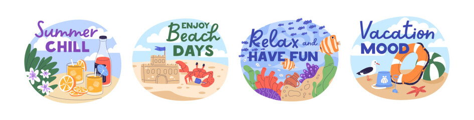 Summer holiday vibe, beach vacation mood, stickers with phrases set. Sea resort chill, underwater, lemonade, toys in tropical travel, trip. Flat vector illustrations isolated on white background