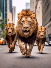 Obraz premium Lions stroll undisturbed through the streets of the city