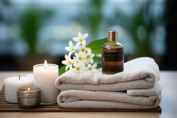 Spa still life with towels, essential oil and candles on table. Spa Concept. Spa Beauty Treatments. Copy Space.