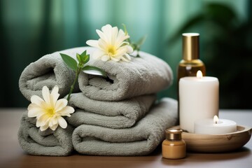 Obraz na płótnie Canvas Spa still life with towels, candles and flowers on wooden table. Spa Concept. Spa Beauty Treatments. Copy Space.