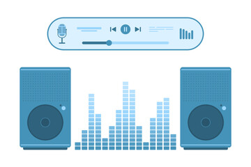 Sound system set vector illustration. Cartoon isolated stereo speaker and subwoofer devices, player app to control and play mp3, record voice and music, spectrum equalizer with sound waves bars