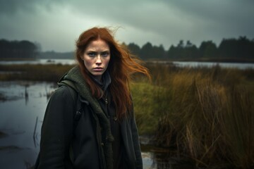 Auburn haired girl in a winter jacket on a windy lake. Gaelic beauty nature shoot. Rainy and cloudy weather fashion concept.