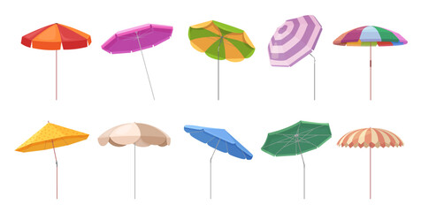 Fototapeta na wymiar Beach umbrellas set vector illustration. Cartoon isolated collection of summer sunshade with different colors and patterns, side view of garden or swimming pool parasols for sea vacation relax