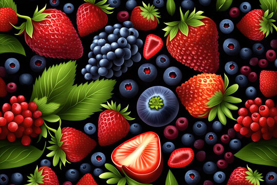 Berries background. Assorted mix. Graphic art. Strawberry blueberry raspberry blackberry red currant colorful fruid design backdrop.