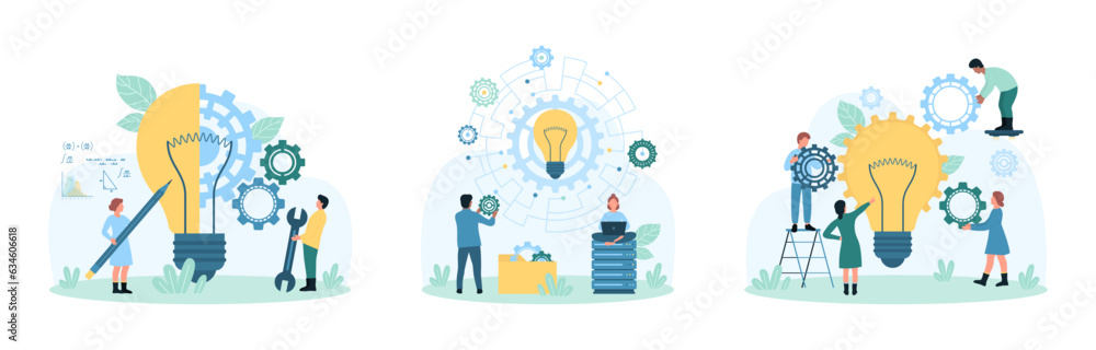 Poster business project development, improvement and idea implementation set vector illustration. cartoon t