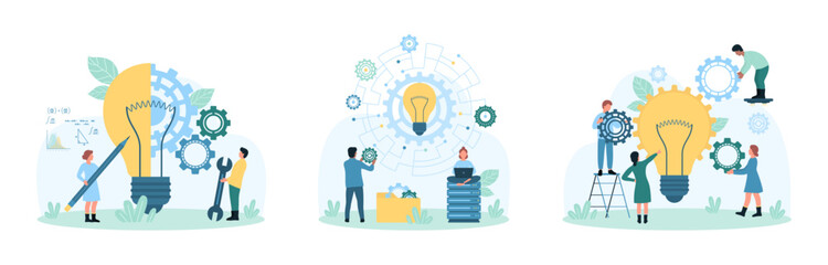 Business project development, improvement and idea implementation set vector illustration. Cartoon tiny people create idea innovation, put gear in digital circuit with light bulb, change settings - obrazy, fototapety, plakaty