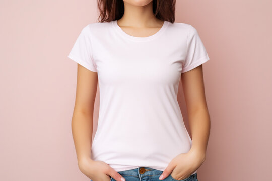young woman waring a blank t-shirt (mockup), generative ai