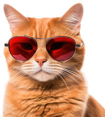 Portrait of a cat with red fur wearing sunglasses isolated on a white background as transparent PNG, animal