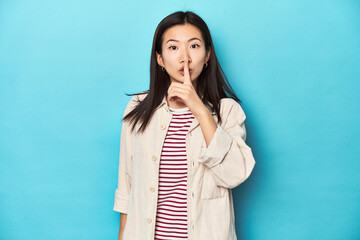 Asian woman in layered shirt and striped t-shirt, keeping a secret or asking for silence.