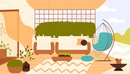 Modern rooftop terrace with green plants and furniture vector illustration. Cartoon veranda or home balcony interior design in eco style, wooden decoration, cozy sofa and chairs at top of roof
