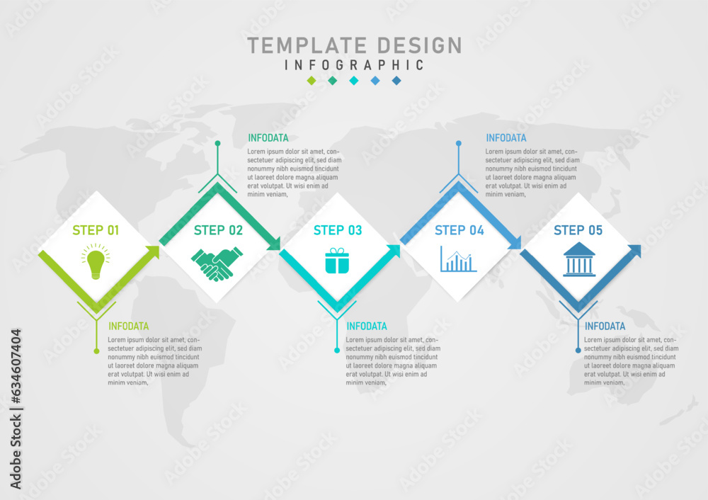 Poster infographic template simple 5 steps business process white square with multicolored icons and arrows