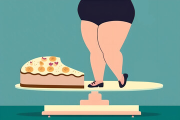 Bad calories. Chubby female model. Graphic art. Creative illustration of obese woman legs posing on cake stand with piece of pie on green background.