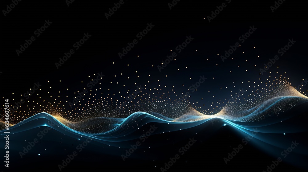 Poster Generative AI : Wave of dots and weave lines. Abstract background. Network connection structure.
