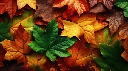 Generative AI : The background image that is green, the colors of the autumn leaves are perfect, suitable for seasonal use.