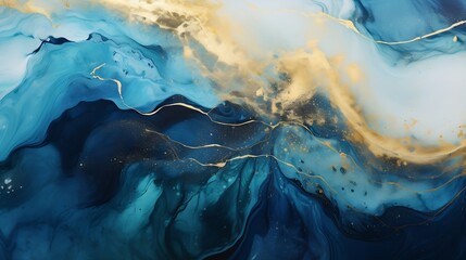 Generative AI : Abstract ocean ART. Natural Luxury. Style incorporates the swirls of marble or the ripples of agate. Very beautiful blue paint with the addition of gold powder