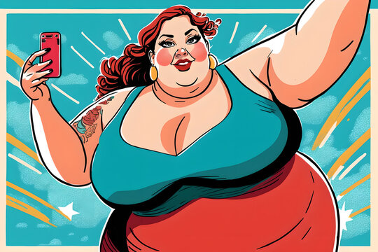 Happy Life. Obese Woman. Graphic Illustration. Pop Art Cartoon Cheerful Plus Size Female Holding Smartphone Enjoying Sunny Holiday.