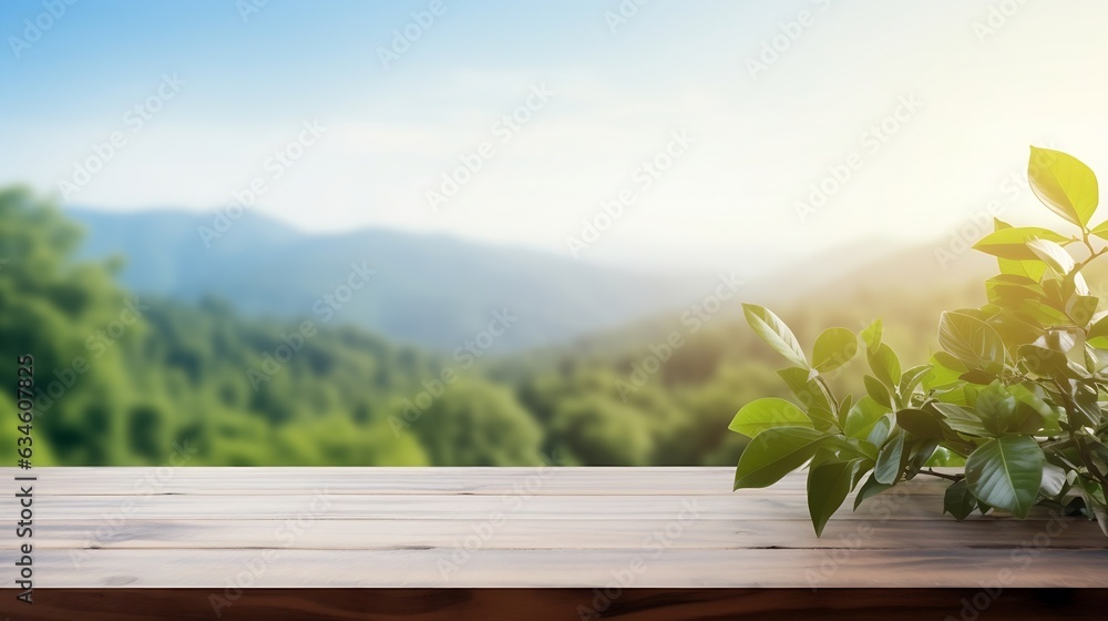 Poster generative ai : table background of free space for your decoration and blurred landscape of mountain