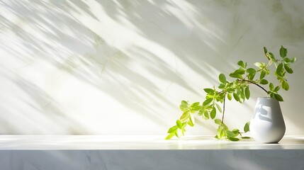 Generative AI : Spring sunlight in green branch of tree with shadow on white marble tile wall, wood table, copy space.