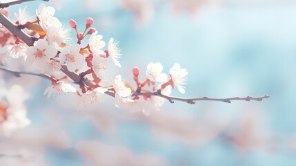Generative AI : Beautiful floral spring abstract background of nature. Branches of blossoming apricot macro with soft focus on gentle light blue sky background. For easter and spring greeting cards wi